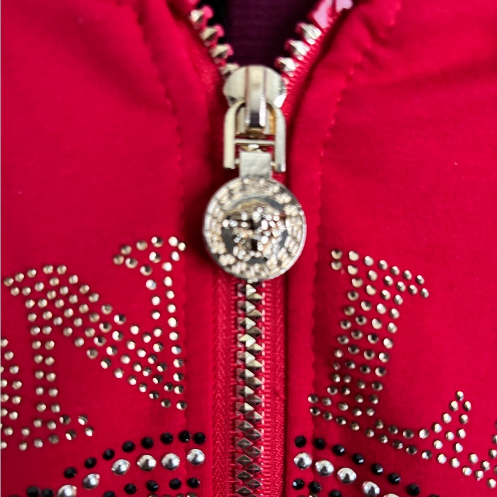 Moncler Women's Red Hoodie w/ gem Logo Detail, Size 16/Large. A few missing gems - Picture 3 of 6